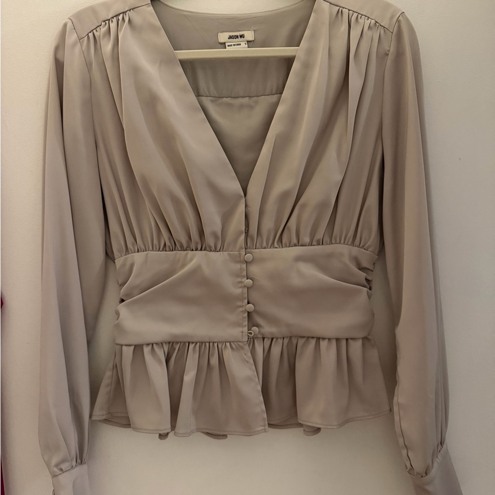 Jason Wu Taupe V-Neck Peplum Blouse